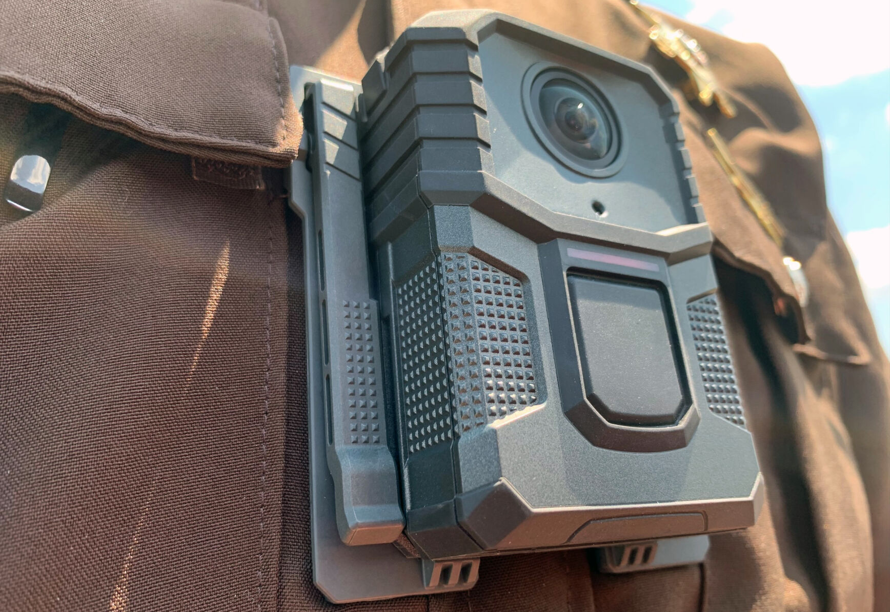 A Motorola V300 Body-Worn Camera worn by a Hardin County Sheriff's Office deputy